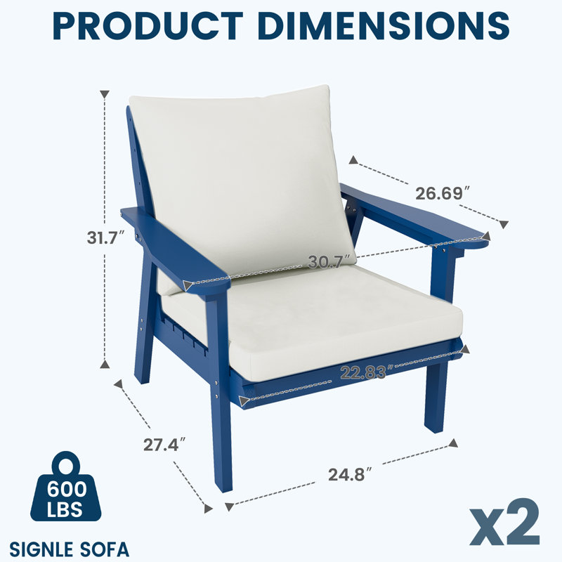Canapé d'extérieur Hdpe, ensemble de 2 chaises avec coussins, Bleu