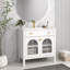 Meuble-lavabo autoportant blanc de 36 pouces avec poignées en métal, éclairage activé par le mouvement et ampleur d'espace de rangement, bande de capteur d'évier Mid-Century, tiroir rabattable, facile à nettoyer