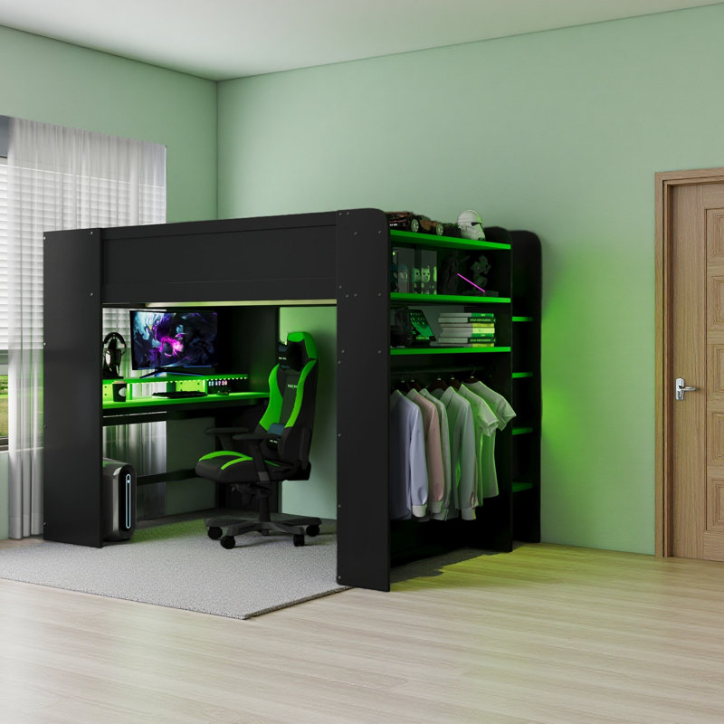 Lit superposé double en bois pleine grandeur avec bureau à hauteur réglable, garde-robe, grand espace de rangement et lumière RVB