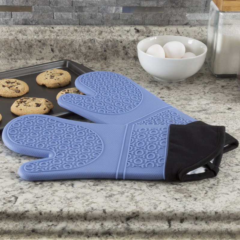 Gants de four extra-longs en silicone - Paire de poignées avec doublure matelassée et prise texturée à 2 côtés, Bleu