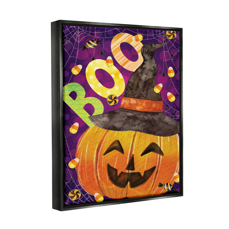 «Boo Jack-o-Lantern Halloween Candy» par ND Art, impression, H 21 po x l 17 po x P 1,7 po, Cadre flottant noir de jais