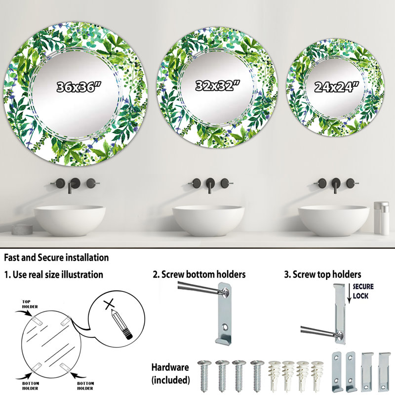 Green Herbs And Leaves On White - Miroir mural à motif rond, 24 po x 24 po