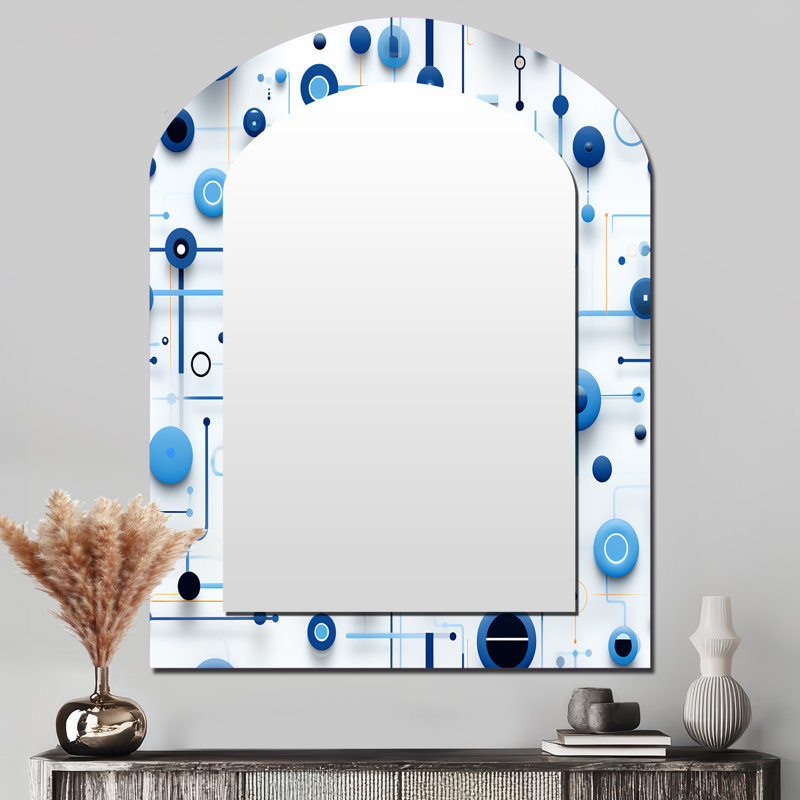 Rockfield Cobalt Blue And White Grid Geometric - Geometric Arch Decorative Wall Mirror, Modern Asymmetrical Mirror, Printed Metal Art