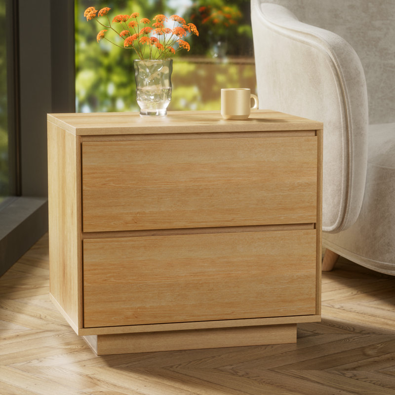 Table de chevet 21,6 po de large à 2 tiroirs - Finition grain de bois, table de chevet compacte, Individuel, Chêne