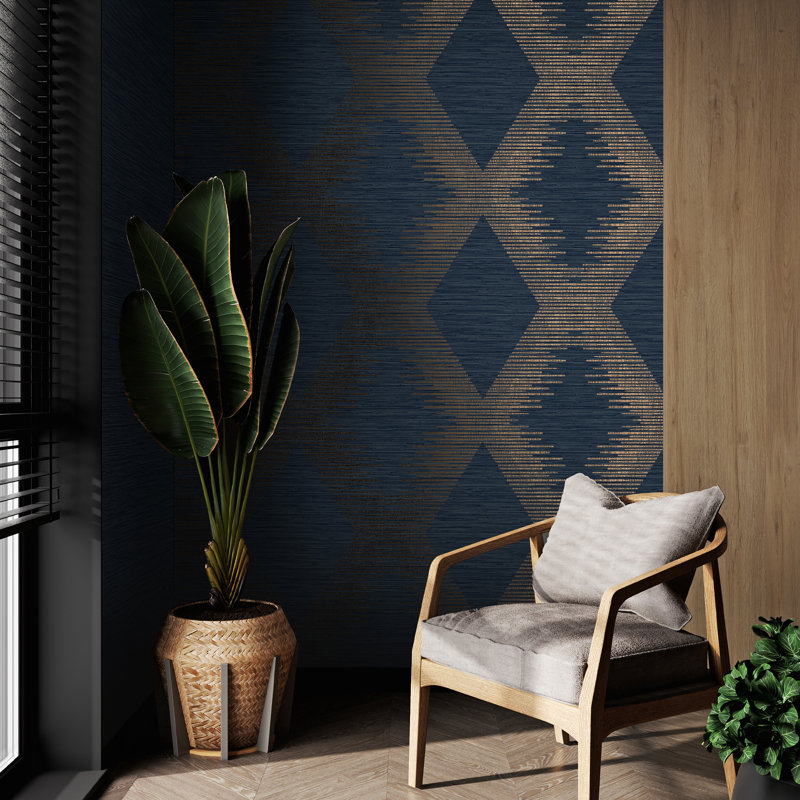 Zen Geometric Metallic Wallpaper Double Roll, Navy/Cooper