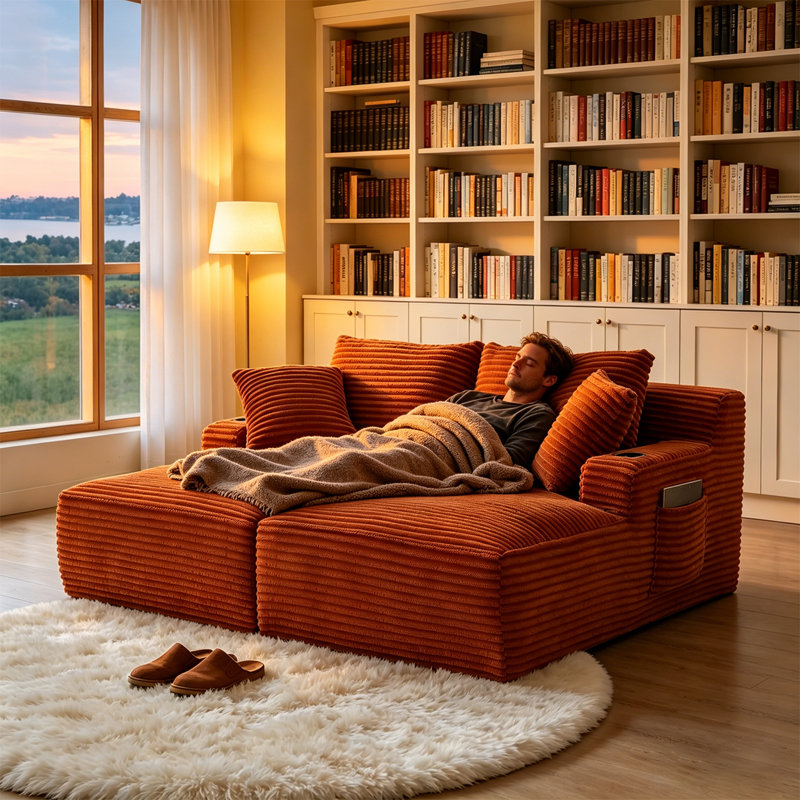 Masir Boneless Sleeper Couch,Double Chaises Lounge With Pillows, Could Plush Corduroy, Orange