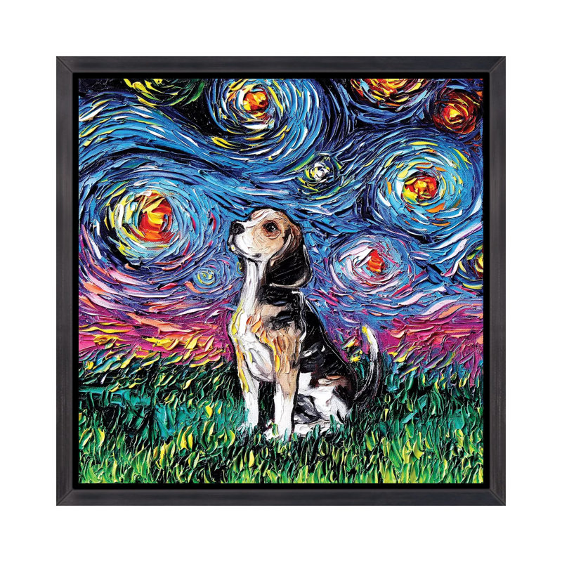 «Beagle Night» par Aja Trêves - reproduction d'art, H 26 po x l 26 po x P 1,5 po, Toile avec cadre noir patiné