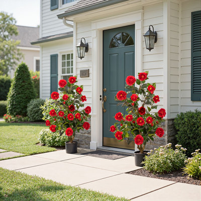 Artificial Camellia Tree 3.3 FT 2 Pack,with Blooming Flowers&Natural Wood Trunk