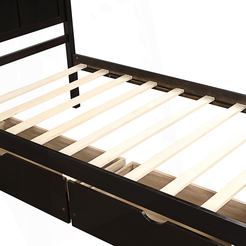 Lit plateforme avec rangement, 2 tiroirs avec roulettes, cadre de lit simple, Espresso