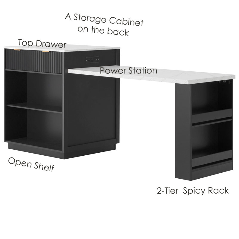 Îlot de cuisine cannelé 82,6 po avec table de salle à manger extensible et rangement pour 2 à 6 personnes, rangement double, station de charge, étagères à épices pour la salle à manger