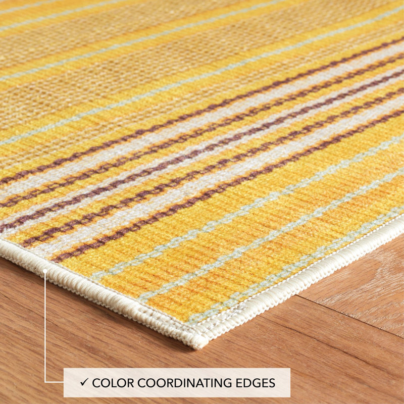 Sunflower Ticking Yellow Machine Washable Rug, Rectangle 6' x 9'
