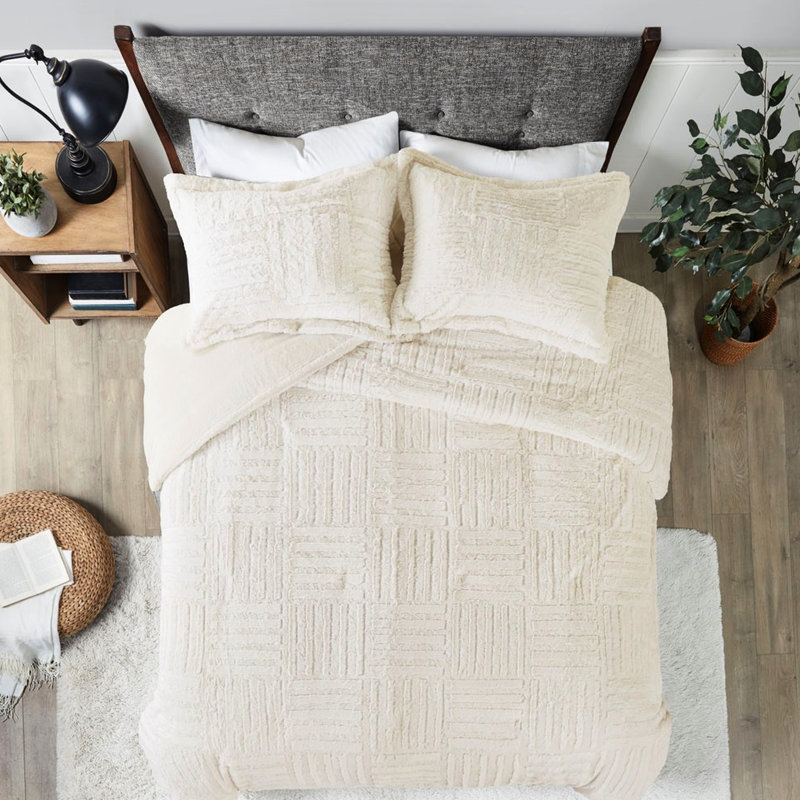 Édredon pour lit double / grand avec bourre en simili fourrure, Full/Queen Comforter + 2 Pillow Shams, Ivory