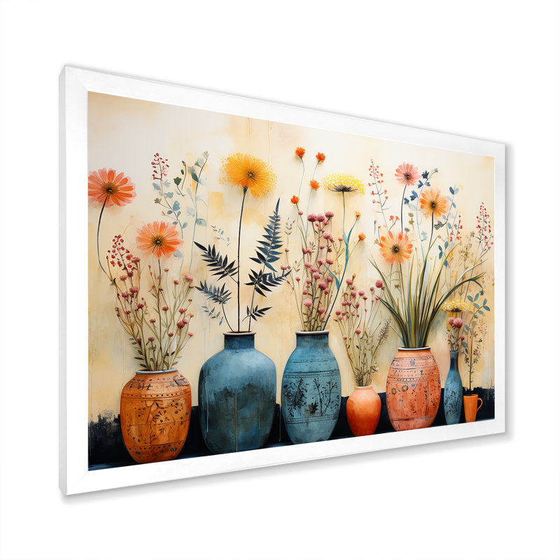 «Blue Floral Watercolor Pottery IV - Boho Pottery», art mural, Cadre de coin blanc fermé, H 16 po x l 32 po x P 1 po