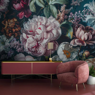 Dramatic Dark Teal Maximalist Peony Floral Wall Mural – Moody Elegant Oversized Botanical Garden Art