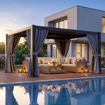 Pergola extérieure en aluminium de 4,27 m x 3,66 m avec toit à lames orientables, système de gouttières intégré, moustiquaire et rideaux