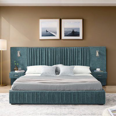 Structure de lit rembourrée avec tissu en chenille avec motif plissé