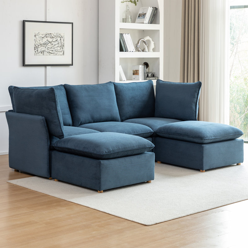 Hepworth Dejohn Corduroy Sectional Sofa With Two Ottomans, Blue Corduroy, 36" H x 95.5" W x 62.5" D