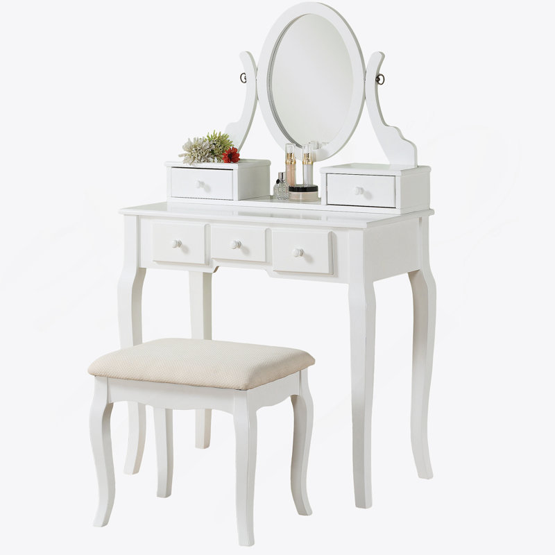 Ensemble coiffeuse et tabouret en bois, Blanc
