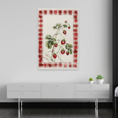 Strawberry Gingham Delight Rustic Abstract Fruit Nature Wall Art Print by Mathieu - Wrapped Canvas Print