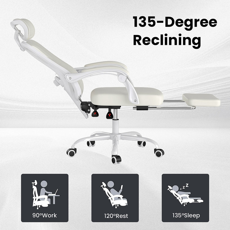 Ergonomic Office Chair With Footrest, Mesh Office Desk Chair With Headrest, High Back Computer Chair With Adjustable Lumbar Support For Home Office Study Room Bedroom, Beige