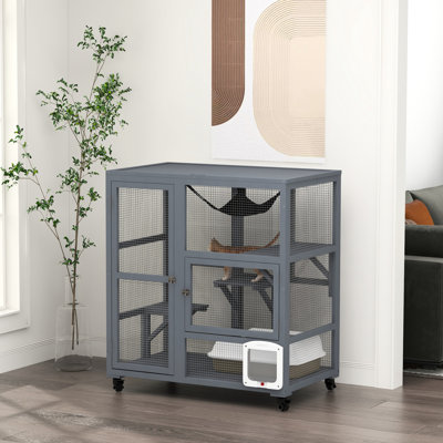 Enclos pour chat d'intérieur en bois avec roulettes, 39 po, gris - Plates-formes de divertissement multi-niveaux, et porte à rabat pour 2 chats, maximum 12 lb, enclos de 39 po, jusqu'à rassemblement de livres
