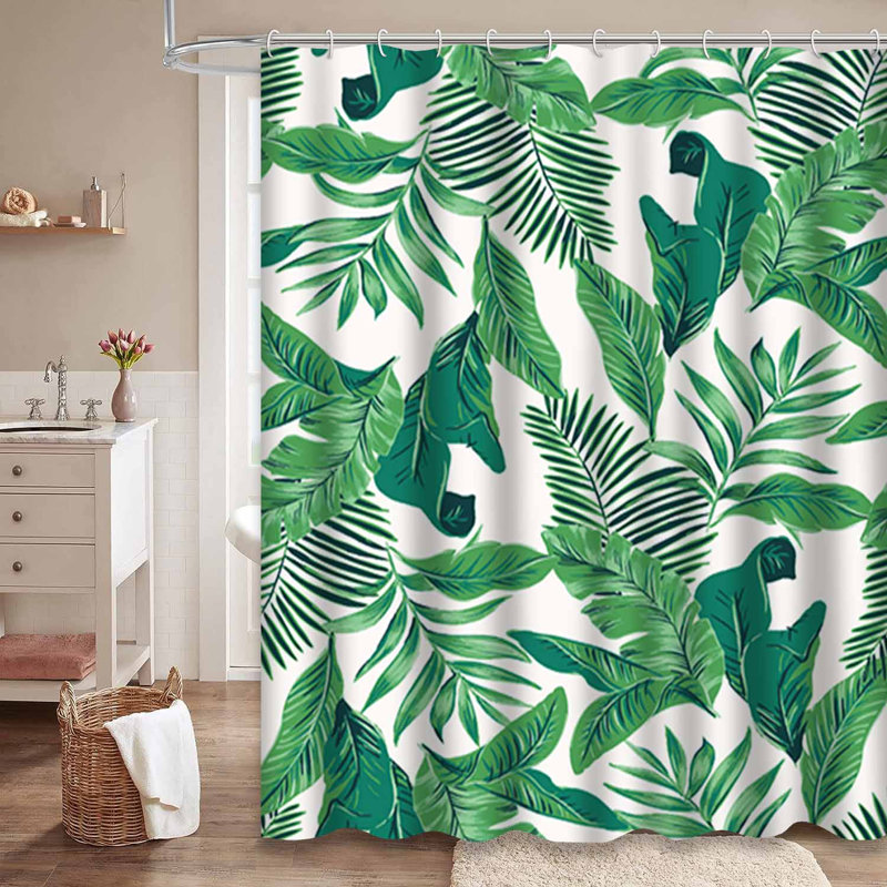 Rideau de douche à motif de feuilles tropicales avec 12 crochets, L 72 po x l 84 po