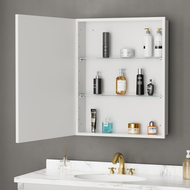 Elise 20 In. W X 28 In. H White Rectangular Lron Medicine Cabinet With Mirror, Wall/recessed, 4mm Silver Mirror Door, White