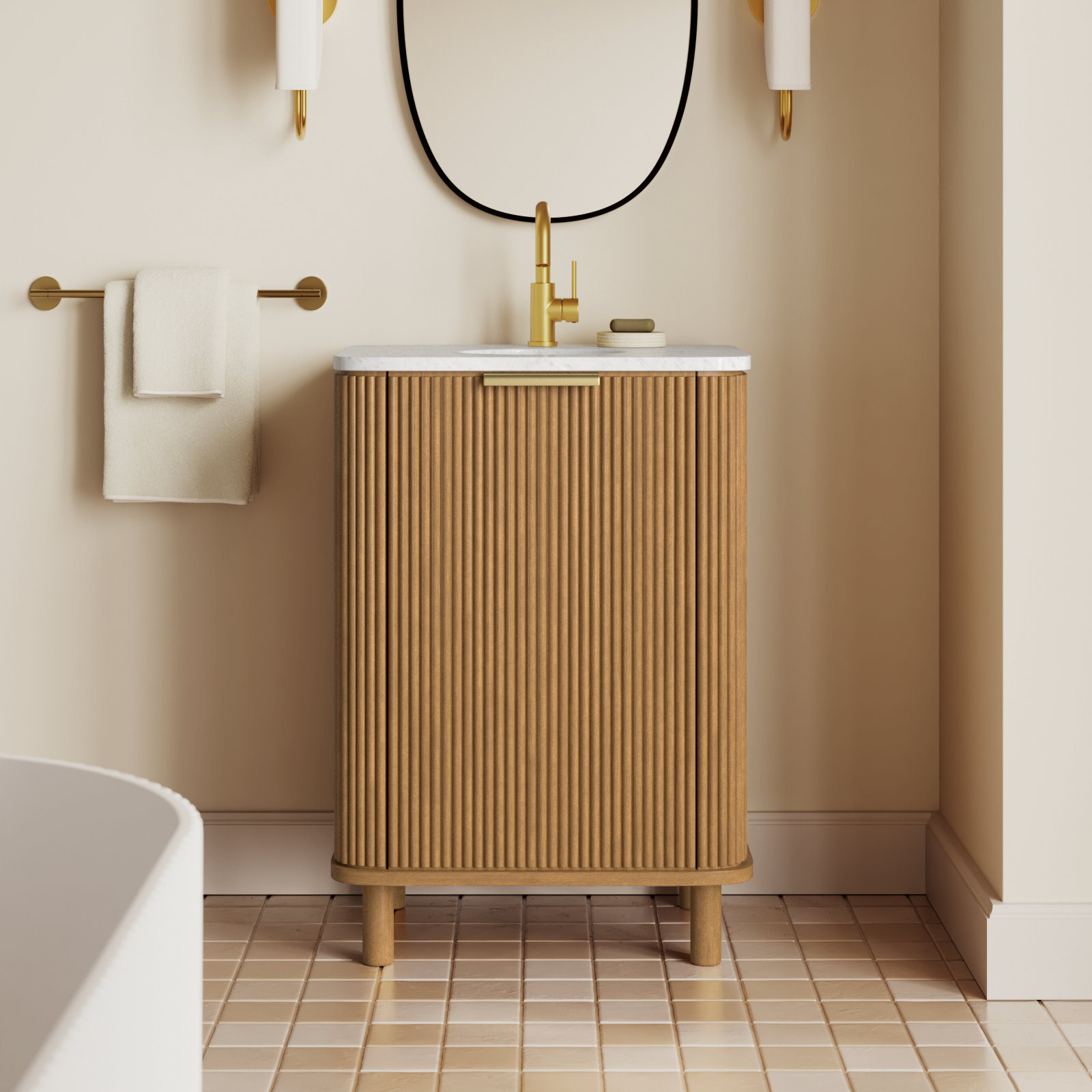 Nova 24" Carrara Marble Single Bathroom Vanity, Reeded Birch