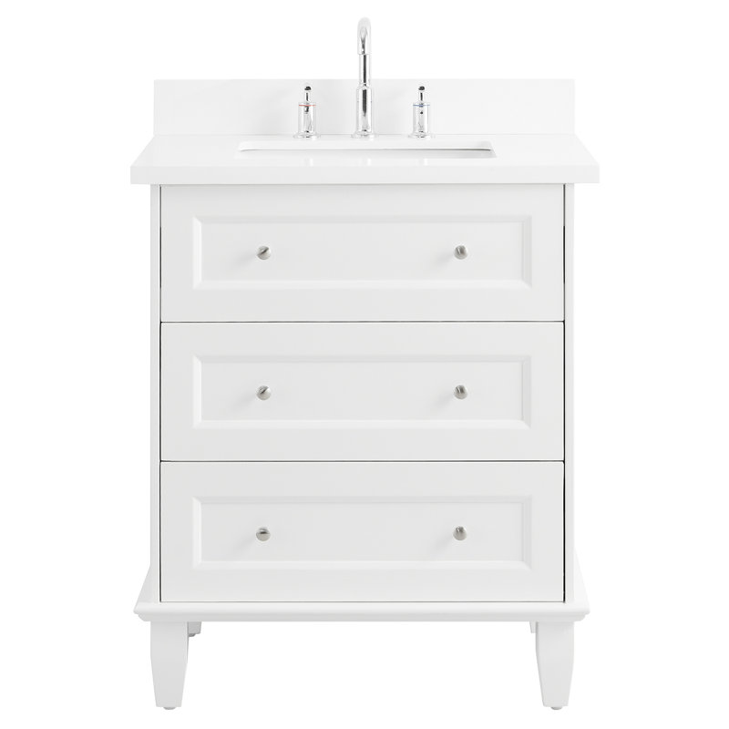 Meuble-lavabo simple biseauté autoportant de 30 po avec plateau en quartz pur Lior, Blanc, L 30 po