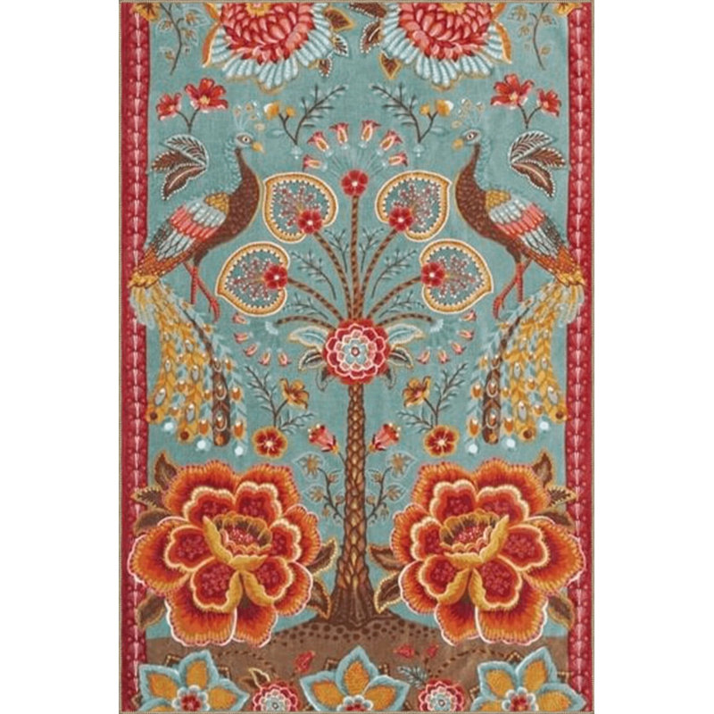 Blue Themed Multicolored Tree Rose And Peacock Patterned Vintage Decorative Rug, Round 3'4"