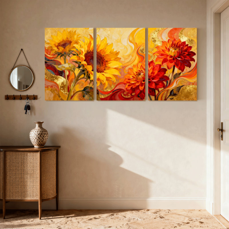 Plantes et fleurs, tournesol et dahlia, ensemble de 3 impressions sur toile, H 18 po x l 36 po
