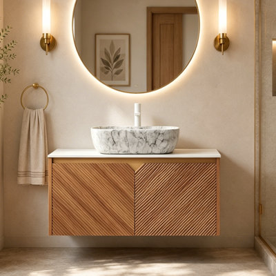36" Wall-Mounted Bathroom Vanity With Round Stone-Look Vessel Sink & Carrara White Sintered Stone Top – Twill Wood Doors, Oak Finish
