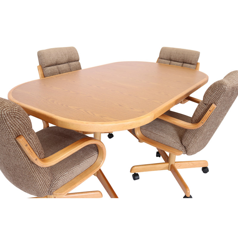 Ensemble de salle à manger extensible à roulettes double piédestal 5 pièces Aithley, Tweed caramel