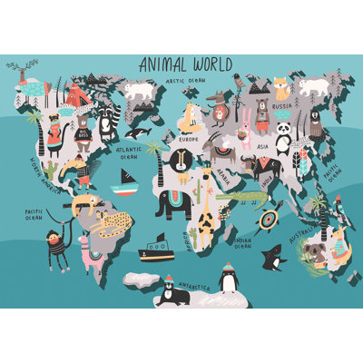 Adhésif mural pelez et collez pour enfants - carte du monde avec des animaux