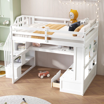 Lit mezzanine double avec bureau et tablettes, deux tiroirs intégrés, escalier de rangement, blanc