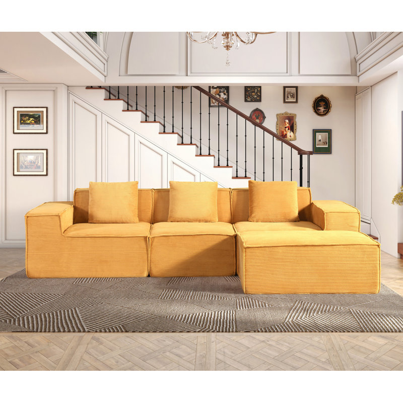 Convertible Corduroy Sectional Couch With Ottoman & Pillows, Modular L Shaped Sleeper Sofa, Boneless Cloud Couch For Living Room Furniture