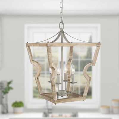 4-Light Natural Wood Rustic Pendant With Distressed Iron Frame