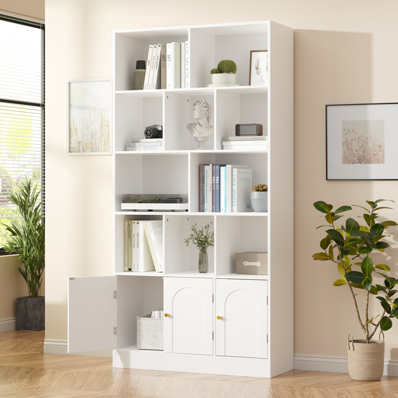Bibliothèque de 71 pouces de hauteur avec 10 cubes et 3 portes, bibliothèque à 4 niveaux, bibliothèque ouverte avec armoire, rangement à cubes moderne pour le salon et le bureau, blanc