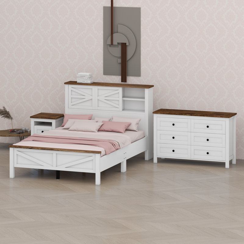 Ensemble 3 pièces Modern Farmhouse comprenant une tête de lit avec ports de charge, table de chevet et commode, Blanc