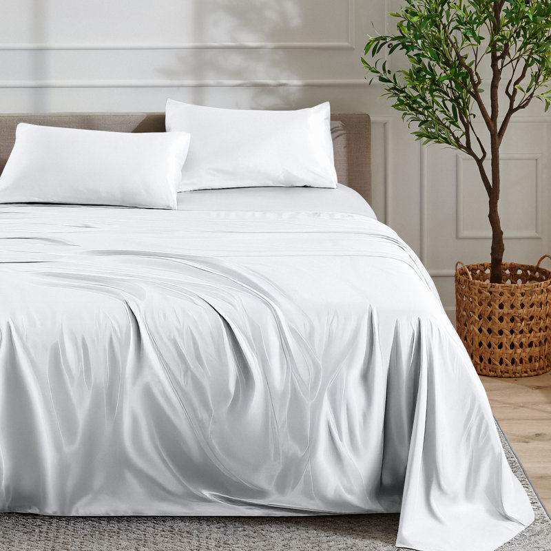 Ensemble de literie en satin, Ensemble de draps très grand californien avec 2 t, Blanc
