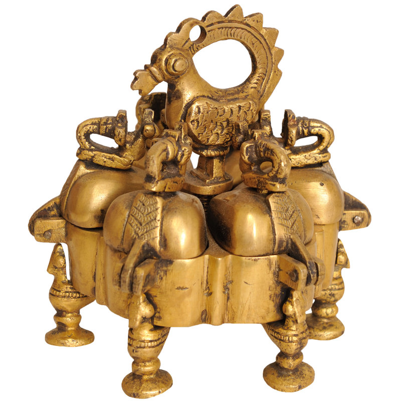 Boîte de rangement rituelle en laiton paon de 4 po - Organisateur indien d'épices fabriqué à la main à plusieurs compartiments