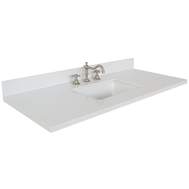 49 po. Comptoir en quartz blanc avec lavabo rectangulaire en céramique blanche