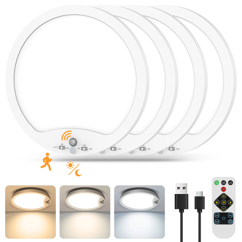 4 Pack Rechargeable Shower Light with Remote, 6000mAh Battery, Motion Sensor, 3 CCT, Dimmable, USB-C Charging, 9 Inch Closet Lights for Pantry Bathroom Hallway Stairway Shed Porch Garage
