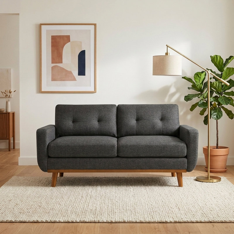 Canapé capitonné 67,7 po Mid-Century avec pieds en bois, Gris foncé