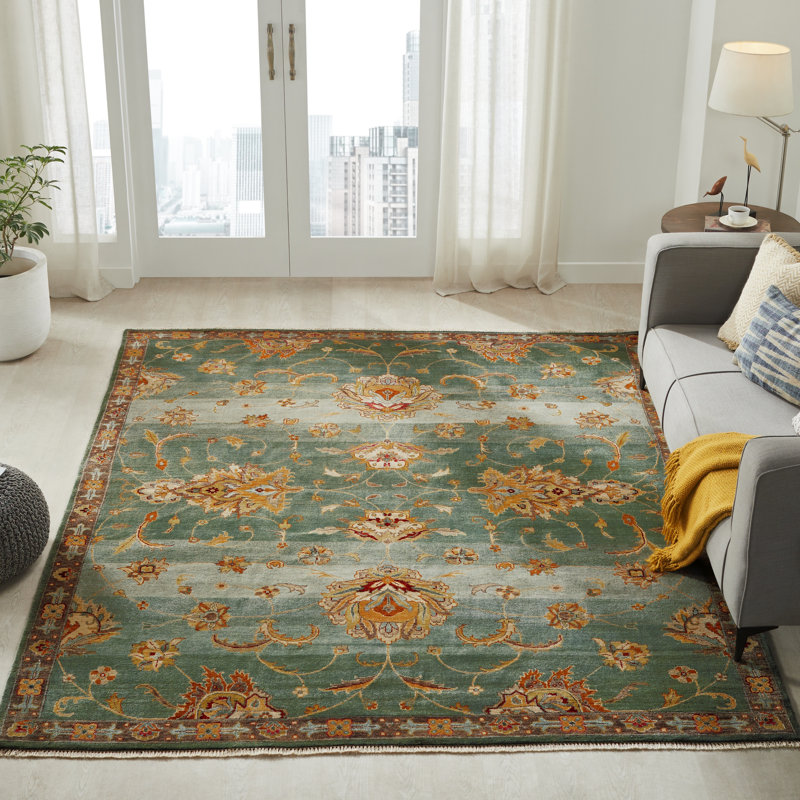 Bleu de laine noué à la main oriental Tapis décoratif/or, Rectangle 5 pi x 7 pi