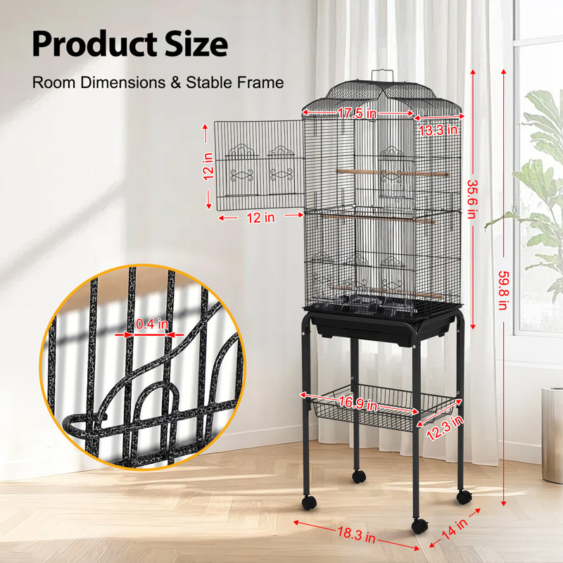 Cage à oiseaux victorienne de style victorien en fer forgé de 65 pouces avec plateau de jeu en acier inoxydable et grande cage de vol pour perruches et conures