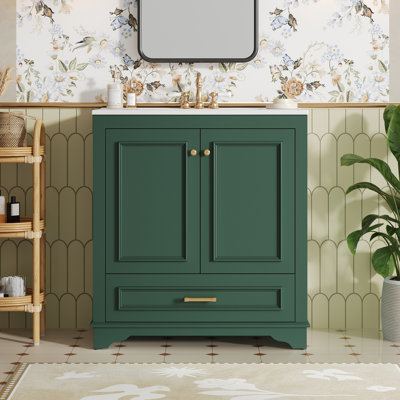 Meuble-lavabo de 30 po avec lavabo en céramique, meuble-lavabo avec 2 grandes portes à fermeture douce, armoire de rangement en bois massif