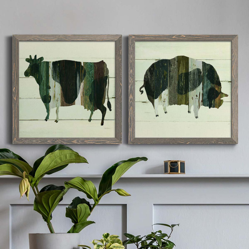 Woodgrain Cow - ensemble de 2 peintures sur toile encadrées, Encadré gris, H 17 po x l 34 po x P 1,5 po
