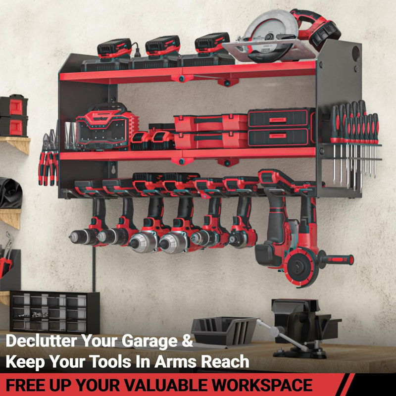 Power Tool Storage Rack With Surge Protection Power Strip And Charging Station