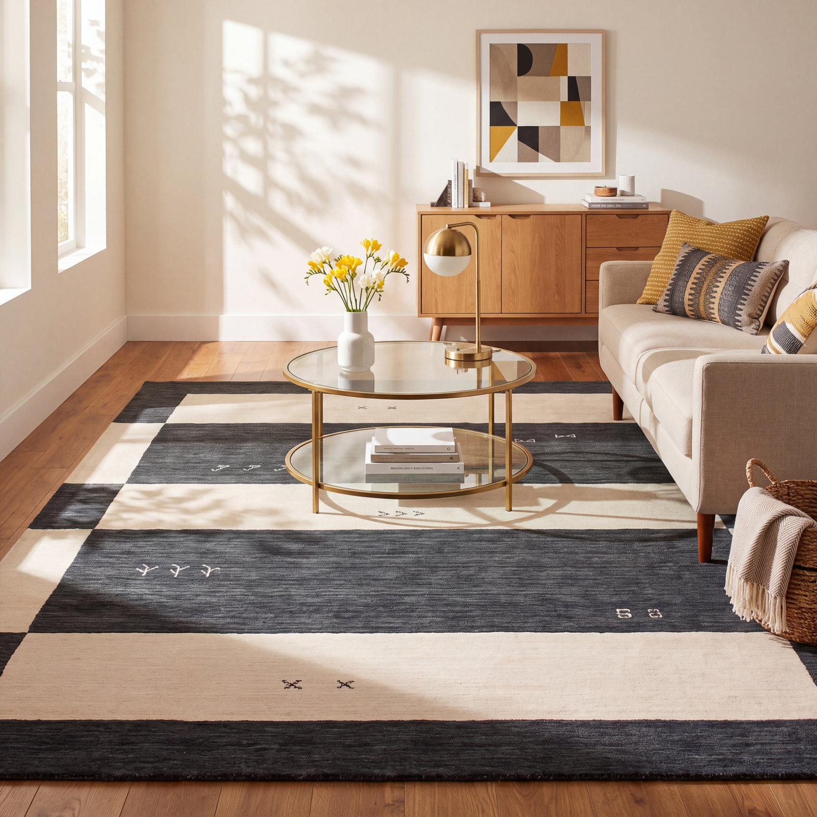 Santiago Cream Black Handmade Wool Geometric Rug, Rectangle 10' x 14'